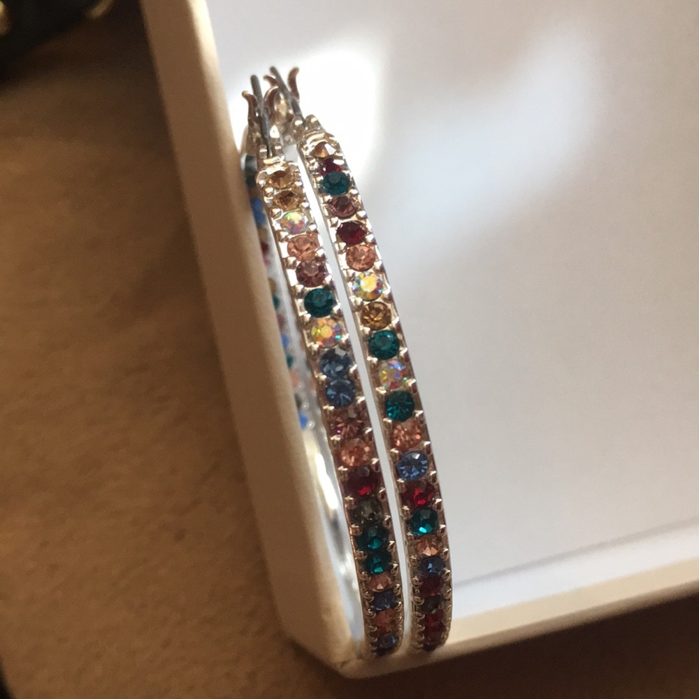 Multicolor Crystal Hoop Earrings - Silver Tone Women Jewelry